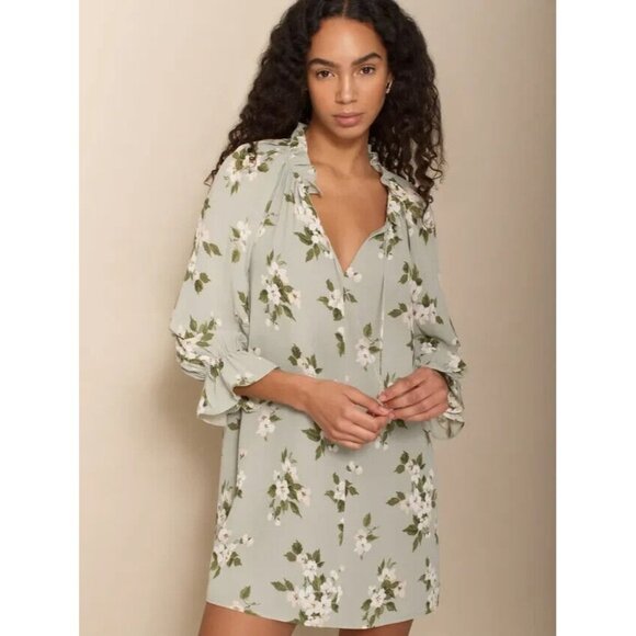 REFORMATION Adrienne Floral Mini Dress 3/4 Sleeve Ruffle Neck Tie LARGE